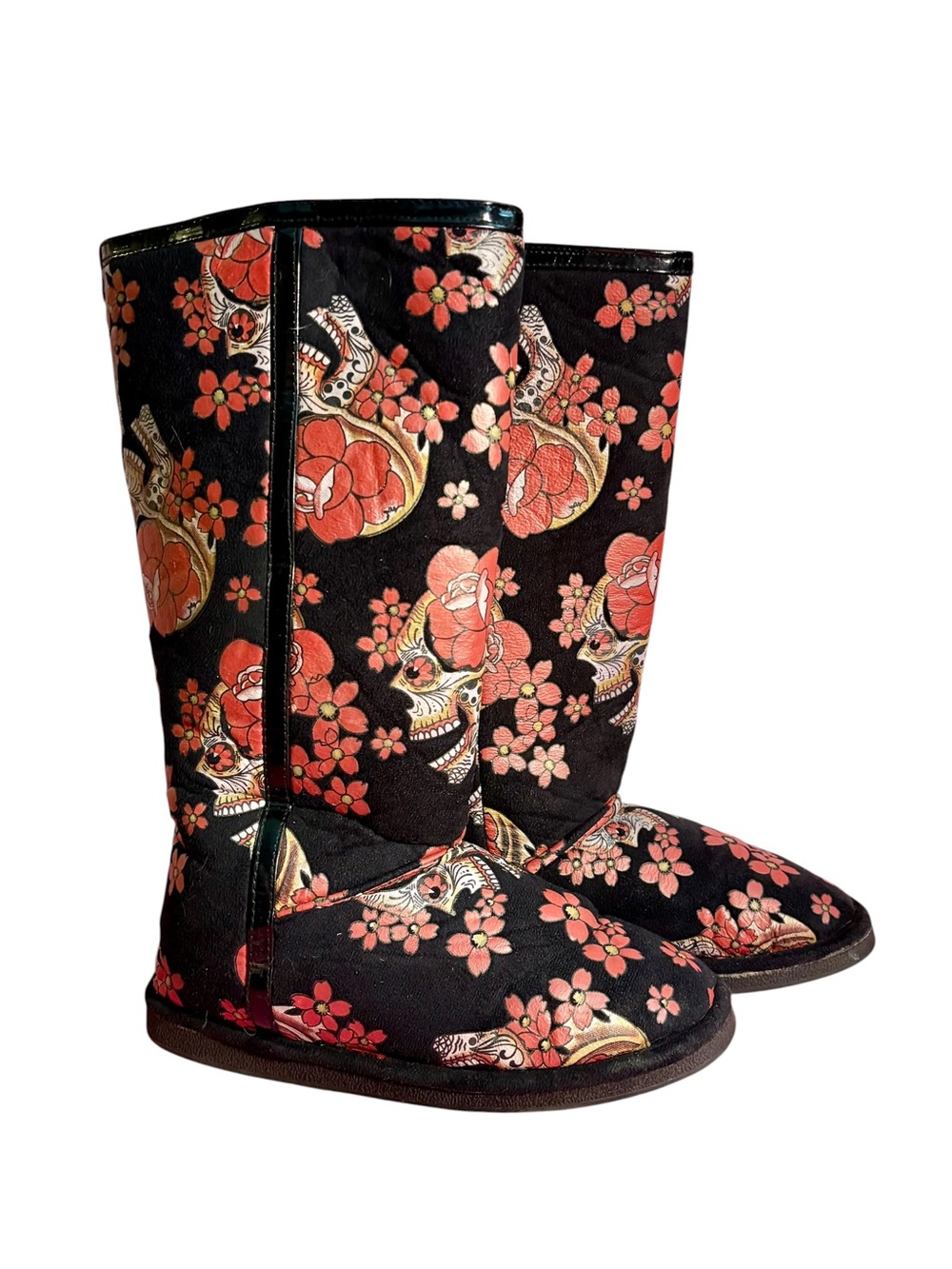 Y2K iron fist Black Boots with Red & Pink Floral Skull Print